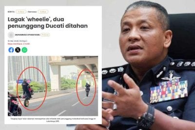Laporan Sinar Harian pada 16 Mei lalu berhubung aksi ‘wheelie’ yang dilakukan oleh dua penunggang Ducati baru-baru ini di ibu negara. GAMBAR KANAN: Mohd Zamzuri.