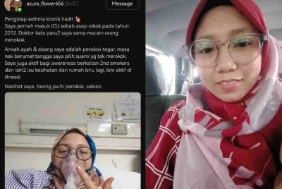 Nor Azura berkongsi penderitaan sebagai perokok pasif dan penghidap asma kronik akibat terdedah kepada asap rokok sejak kecil.
