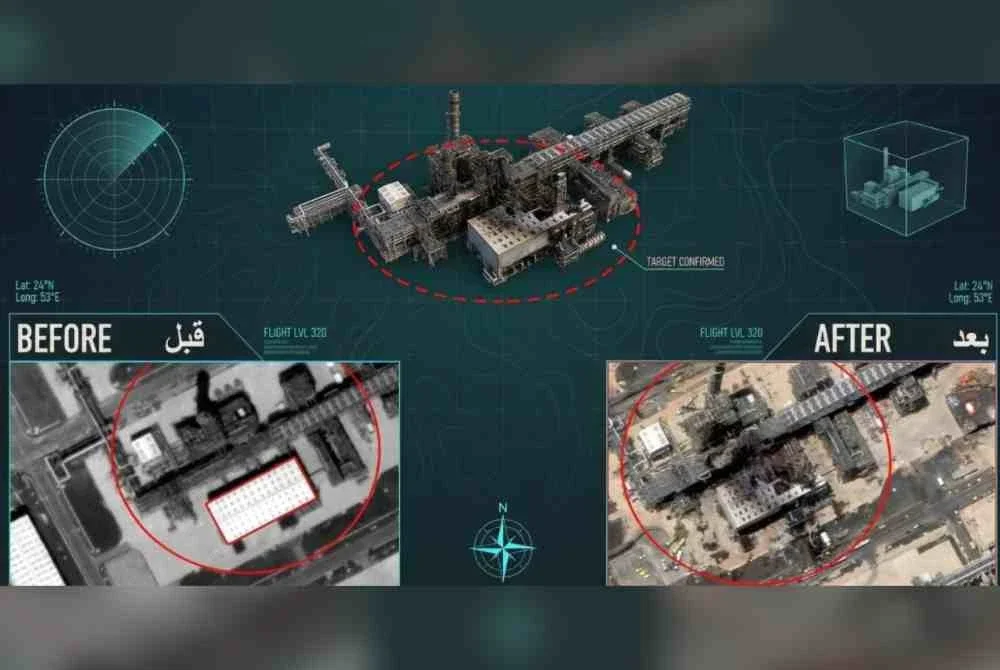 Imej satelit mendedahkan kesan serangan Iran ke atas aset ekonomi milik AS di loji penapisan Habshan di Emiriah Arab Bersatu (UAE). Foto Agensi