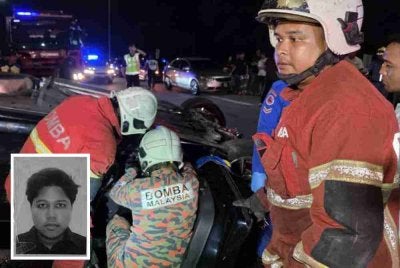 Sepasukan anggota BBP Selayang dikejarkan ke lokasi kemalangan maut di KM34 Lebuhraya Karak, Gombak pada Jumaat. Foto: JBPM Selangor (Gambar kecil: Adli Hakim) 
