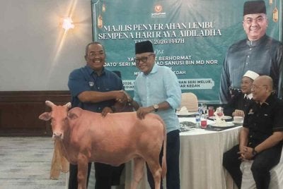 Sanusi (kiri) secara simbolik menyerahkan lembu korban kepada Ahli Parlimen Langkawi, Datuk Mohd Suhaimi Abdullah pada majlis penyerahan lembu korban di Mentaloon pada Isnin.