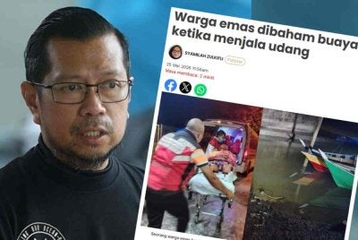 Noor Fadzli dan laporan Sinar Harian mengenai kejadian seorang lelaki warga emas dibaham buaya ketika menjala udang di Sungai Linggi, Kampung Tanjung Agas pagi Isnin.