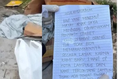 Nota yang ditinggalkan bersama jasad kanak-kanak yang ditinggalkan di tepi jalan.