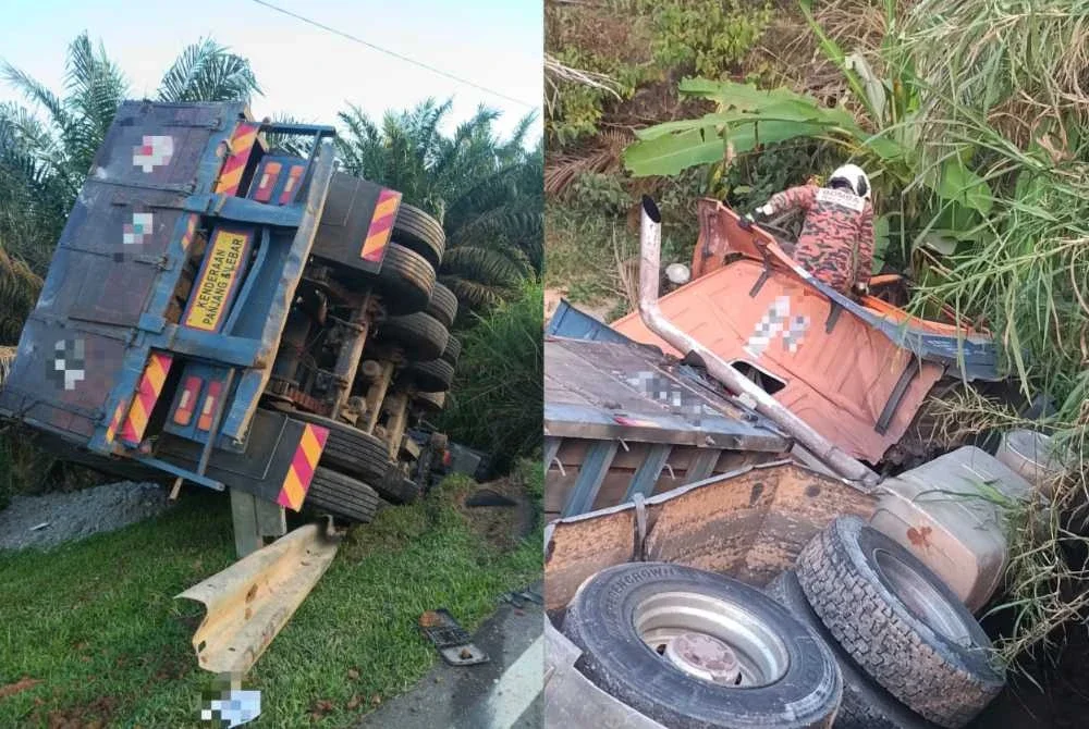 Keadaan treler yang terbabit nahas di Simpang Felda Taib Andak Kulai pada Khamis. - FOTO: JBPM Johor