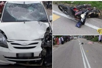 Kemalangan melibatkan sebuah kereta Perodua Viva dan motosikal SYM BX110 yang bergerak dari arah Kota Bharu menghala ke Kuala Krai. Foto PDRM Kelantan