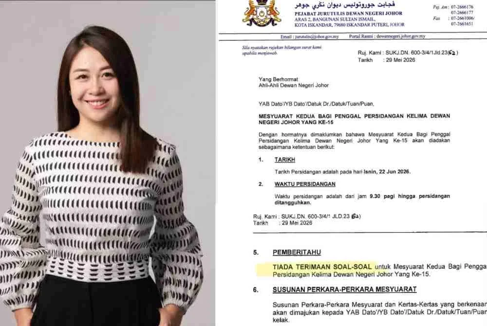 Notis Sidang DUN Johor pada 22 Jun depan yang dikongsikan ADUN Johor Jaya, Liow Cai Tung mencetuskan pelbagai tanda tanya.