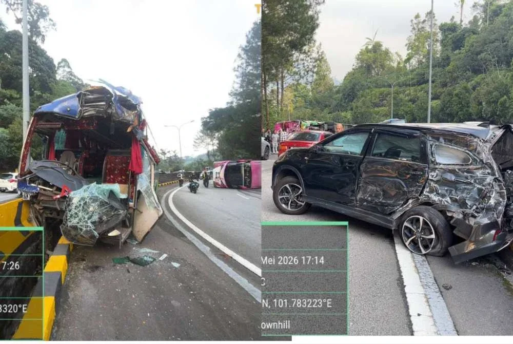 Kemalangan bas persiaran yang membawa 36 penumpang terbalik dalam kemalangan melibatkan dua bas persiaran dan sebuah kenderaan utiliti sukan (SUV) di KM15 Jalan turun Genting Highlands-Genting Sempah. - Bernama