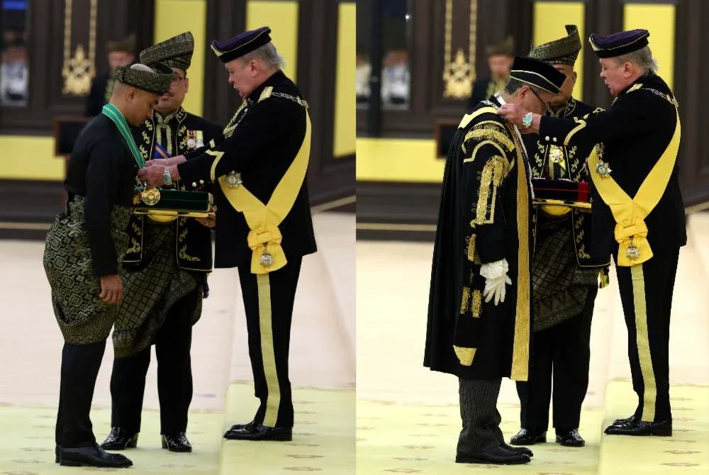 Sultan Ibrahim berkenan mengurniakan SSM kepada Wan Ahmad Farid dan DB kepada Mohd Azizulhasni pada Istiadat Menghadap dan Pengurniaan Darjah Kebesaran, Bintang dan Pingat Persekutuan 2026 sempena Hari Keputeraan Rasmi Seri Paduka Baginda di Istana Negara pada Isnin. Foto: Bernama
