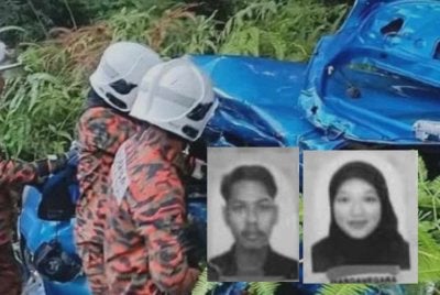 Pasangan suami isteri, Muhammad Firdaus Muhamad Bustaman, 24, dan Siti Nur Aisyah Anoor Beet Babjan Kahar (gambar kecil) maut dalam kemalangan melibatkan tiga kenderaan di Kilometer 19 Jalan Endau-Mersing di sini petang Ahad. 