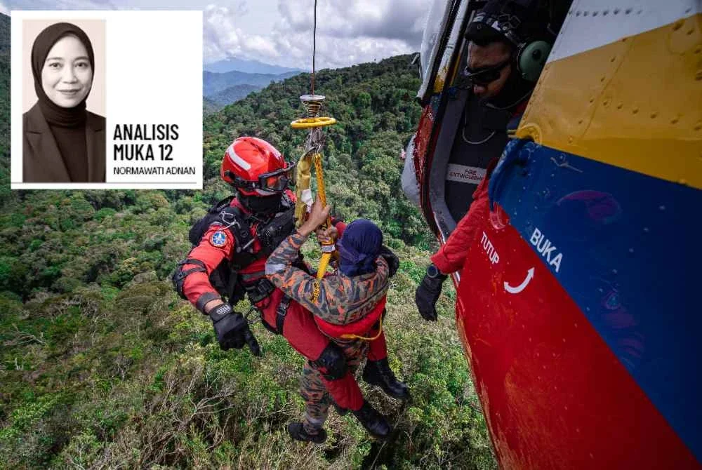 Operasi mencari dan menyelamat (SAR) pendaki wanita, Jaslinda Saludin, 49, yang dilaporkan hilang di Gunung Batu Putih dekat Tapah sejak 23 Mei lepas diteruskan dengan pencarian melalui udara. Foto Bernama