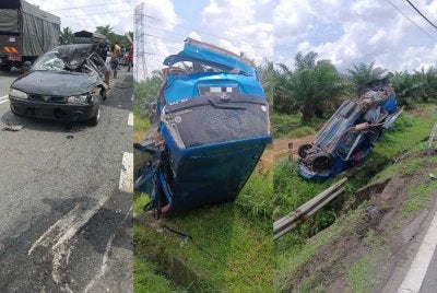 Keadaan kenderaan yang terbabit dalam kemalangan di Kilometer 27 Jalan Renggam-Simpang Renggam mengorbankan lima mangsa pada Isnin.