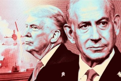 Ilustrasi foto yang menggabungkan imej Trump, anggota tentera laut AS dan Netanyahu. Foto Sarah Grillo/Axios.