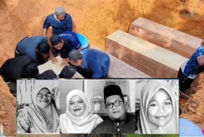 Empat sekeluarga iaitu Semek Mat Soh,75, Nor Azlina Abd Latif, 33, Mohd Aiman Mohd Rashid, 36, dan Nur Airish Syifa Sidek, 10, yang maut akibat kemalangan dikebumikan dalam satu liang lahad di Tanah Perkuburan Islam Bandar Al-Muktafi Billah Shah.