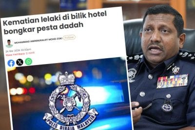 Laporan Sinar Harian mengenai kematian seorang lelaki di sebuah bilik hotel di ibu negara yang terlibat parti dadah. Gambar kanan: Hussein