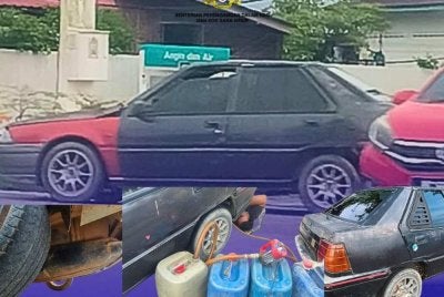 Seorang lelaki nekad melarikan diri dan meninggalkan sebuah kereta mengandungi 100 liter petrol seludup selepas diserbu anggota penguat kuasa di Kampung Geting, Tumpat pada Selasa. - Foto KPDN