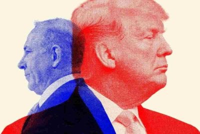 Ilustrasi yang memaparkan gabungan imej Trump dan Netanyahu. Ilustrasi Foto The Atlantic
