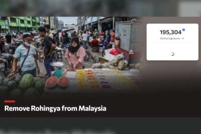 Petisyen 'Remove Rohingya from Malaysia' meraih lebih 195,000 tandatangan setakat Khamis.