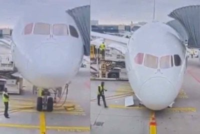 Satu video yang dikongsikan oleh laman web Flightradar 24 menunjukkan roda muncung pesawat itu patah, menyebabkan badan pesawat terhempas ke lantai.