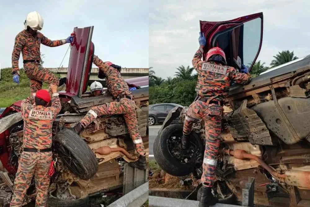 Anggota bomba berusaha mengeluarkan mangsa yang tersepit selepas SUV dinaiki terbabas di Kilometer 341.5, Lebuhraya Pantai Timur 2 (LPT2) pada petang Jumaat.