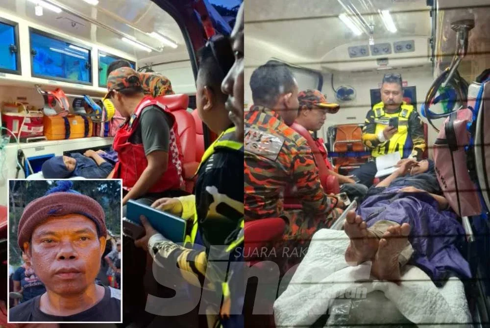 Pasukan bomba membawa Jaslina menaiki ambulans. Gambar kecil: Bah Roslan
