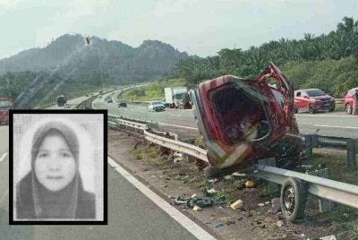 Keadaan kenderaan utiliti sukan (SUV) jenis Proton X70 dinaiki mangsa terbabas di Kilometer 341.5, Lebuhraya Pantai Timur 2 (LPT2) pada petang Jumaat. Gambar kecil: Maziah