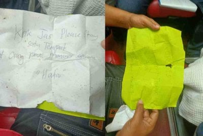Antara nota ditinggalkan pasukan penyelamat yang ditemui Jaslinda sebelum ditunjukkan kepada JBPM Perak semalam.