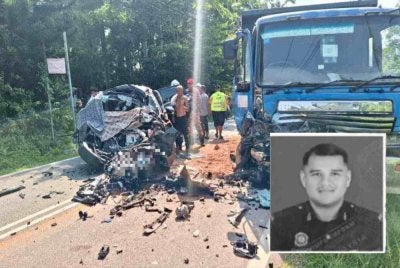 Seorang anggota polis antara enam sekeluarga yang terkorban dalam kemalangan membabitkan SUV dan lori muatan tanah di Jalan Pinang Tunggal, dekat Sungai Petani, pada Ahad. Gambar kecil: Ahmad Shafiq