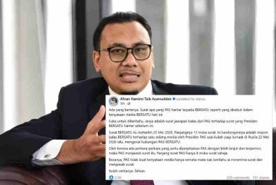 Hantaran Afnan Hamimi di Facebook mengenai surat yang dihantar Pas kepada Bersatu.