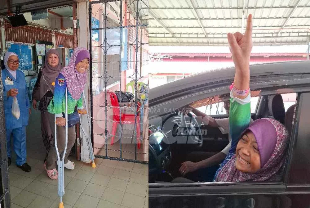 Jaslinda dilihat keluar dari wad perempuan jam 1.50 petang dalam keadaan bertongkat dengan kaki kiri berbalut.