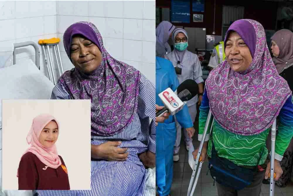 Pendaki wanita, Jaslinda Saludin, 49, yang ditemukan selamat selepas 14 hari hilang ketika melakukan pendakian di Gunung Batu Putih, Tapah, berisiko mengalami Refeeding Syndrome (RFS). Gambar kecil: Wan Nurul Hazirah