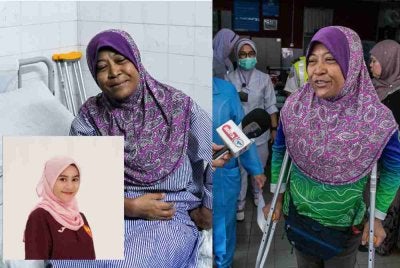 Pendaki wanita, Jaslinda Saludin, 49, yang ditemukan selamat selepas 14 hari hilang ketika melakukan pendakian di Gunung Batu Putih, Tapah, berisiko mengalami Refeeding Syndrome (RFS). Gambar kecil: Wan Nurul Hazirah