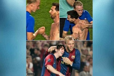 Daniel (kiri) memperkenalkan dirinya sebagai anak lelaki Eidur Gudjohnsen kepada Messi. Foto: Agensi