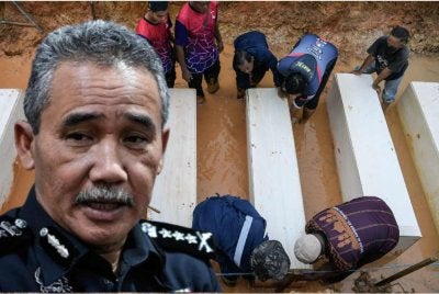 Seramai 27 jenazah warga Myanmar etnik Rohingya selamat dikebumikan di Tanah Perkuburan Islam Kampung Tualang, Pokok Sena hari ini. Gambar kiri Datuk Adzli Abu Shah. - Bernama