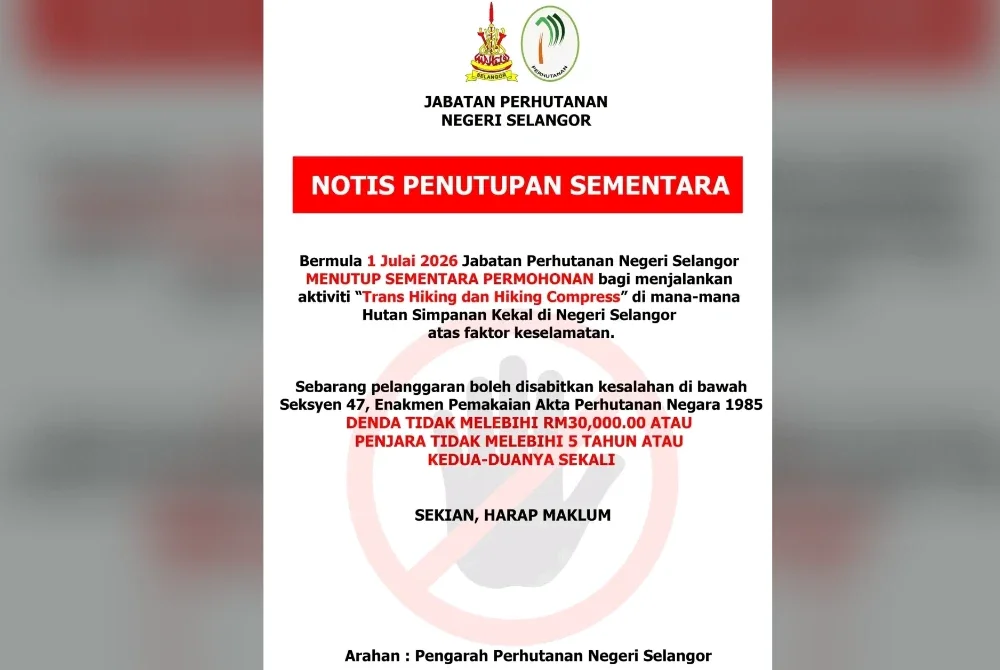 Notis penutupan sementara bagi aktiviti ‘Trans Hiking’ dan ‘Hiking Compress’ di semua Hutan Simpanan Kekal di Selangor.