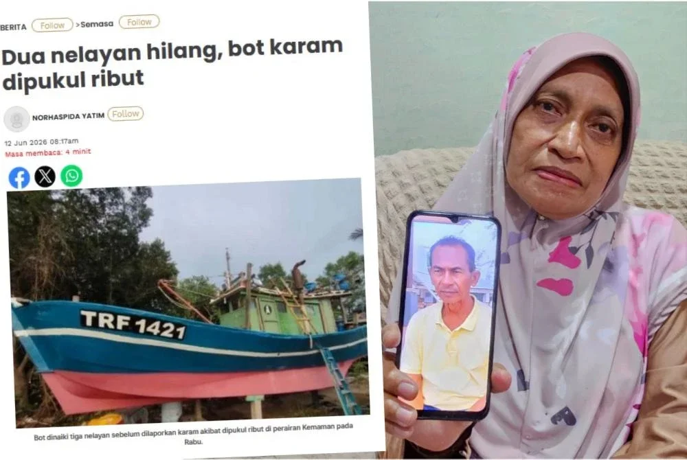 Salma menunjukkan gambar suaminya, Azan Muda, 68, yang dikhuatiri hilang selepas bot dinaiki tenggelam dalam kejadian ribut di perairan Kemaman ketika ditemui di rumahnya di Kampung Geliga, Kemaman, hari ini. - Foto: Bernama