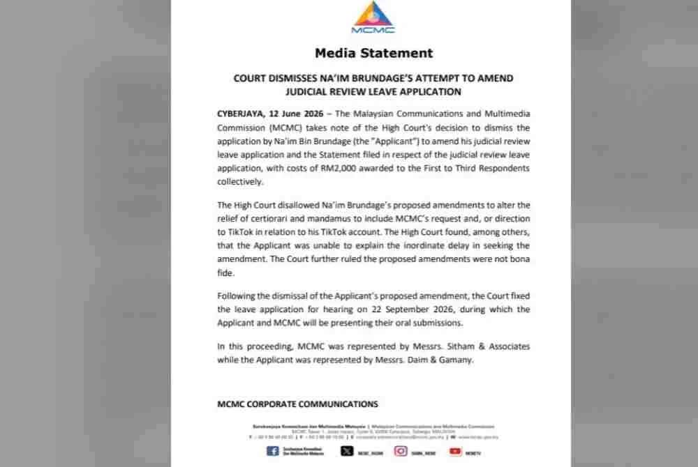 Kenyataan dikeluarkan MCMC pada Jumaat.