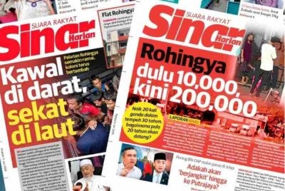 Laporan muka depan Sinar Harian berhubung isu Rohingya. 