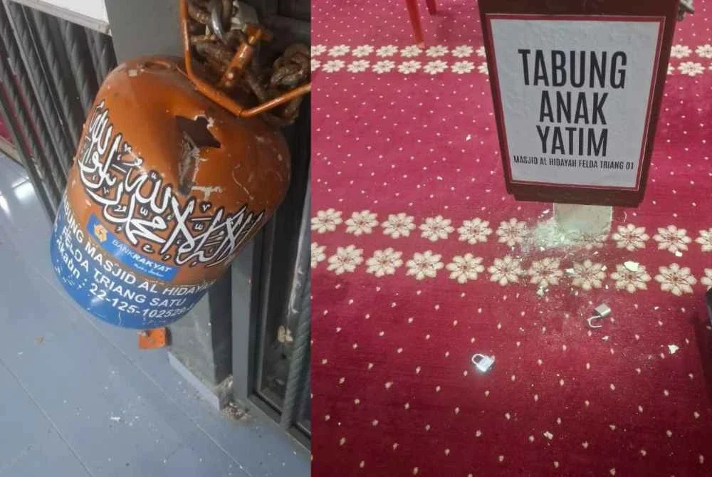 Kesan dipecahkan pada tabung derma di salah satu masjid terlibat. FOTO POLIS BERA