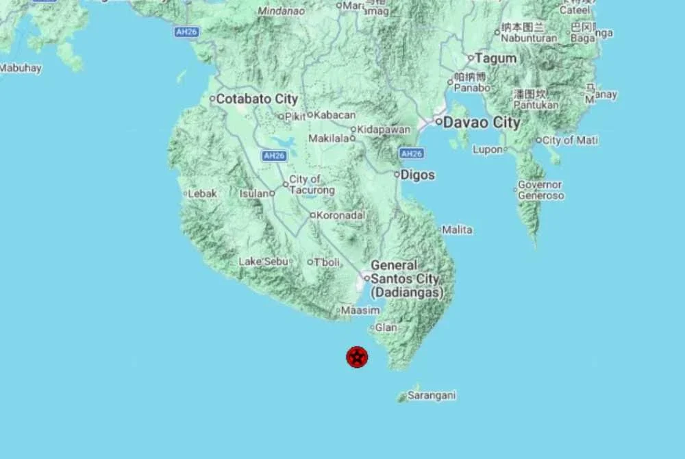 Gempa itu berlaku pada kedalaman 10 km, kira-kira 101 km selatan dari Koronadal City, Filipina. Foto MetMalaysia