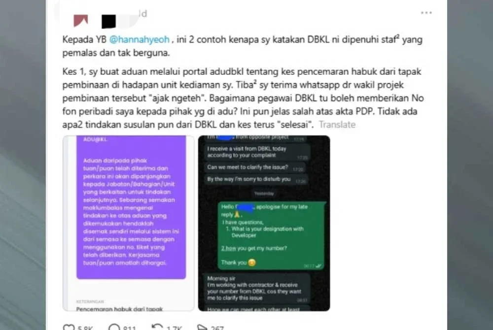 Seorang pengadu berkongsi pengalaman dialaminya selepas membuat aduan aktiviti pembinaan di Kuala Lumpur.