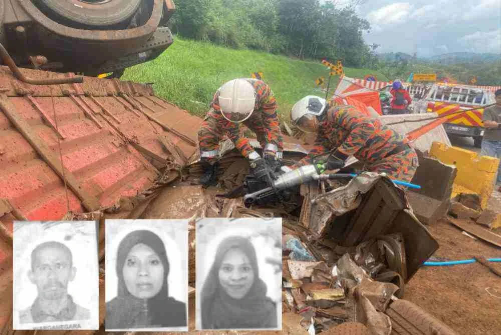 Empat termasuk seorang kanak-kanak perempuan maut selepas kereta dinaiki dihempap treler membawa muatan habuk kayu yang terbalik di KM43, Lebuhraya Kuala Lumpur-Karak (KLK) menghala ke Karak, Bentong pada Ahad. Gambar kecil: Dari kiri, A Halim, Rozita dan Norbahyah.