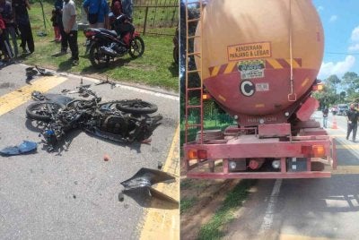 Keadaan motosikal ditunggang mangsa selepas terbabit kemalangan dengan lori tangki pada Sabtu.