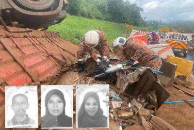 Empat termasuk seorang kanak-kanak perempuan maut selepas kereta dinaiki dihempap treler membawa muatan habuk kayu yang terbalik di KM43, Lebuhraya Kuala Lumpur-Karak (KLK) menghala ke Karak, Bentong pada Ahad. Gambar kecil: Dari kiri, A Halim, Rozita dan Norbahyah.