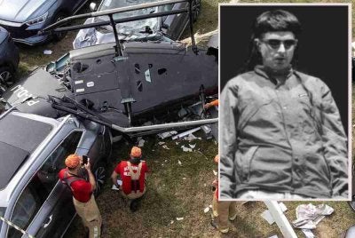 Keadaan di lokasi nahas selepas dua helikopter bertembung di udara sebelum terhempas di Rio de Janeiro, mengorbankan enam individu termasuk Oliver Tree (gambar kecil). Foto: AFP