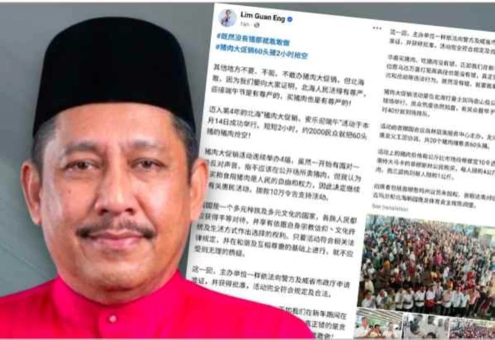 Borhan (kiri) dan laporan akhbar tempatan mengenai “Aktiviti Jualan Promosi Daging Babi” di Melaka.