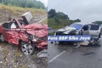 Keadaan kedua-dua kenderaan yang terbabit dalam kemalangan maut di di Bulatan Pulau Dudong, KM26 Jalan Sibu-Kanowi pagi tadi. - Foto: BBP Sibu Jaya