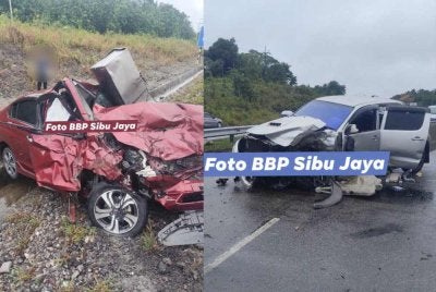 Keadaan kedua-dua kenderaan yang terbabit dalam kemalangan maut di di Bulatan Pulau Dudong, KM26 Jalan Sibu-Kanowi pagi tadi. - Foto: BBP Sibu Jaya