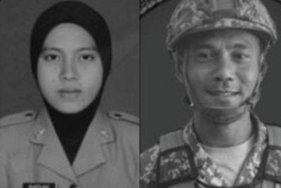 Koperal Norazmi (gambar kanan) dan Prebet Siti Khadijah cedera parah dalam kejadian pada 10.57 pagi tersebut.