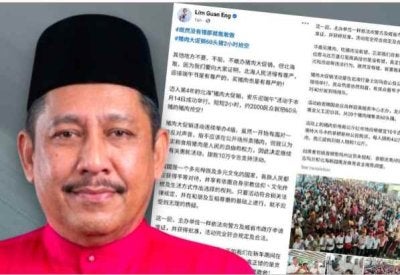 Borhan (kiri) dan laporan akhbar tempatan mengenai “Aktiviti Jualan Promosi Daging Babi” di Melaka.