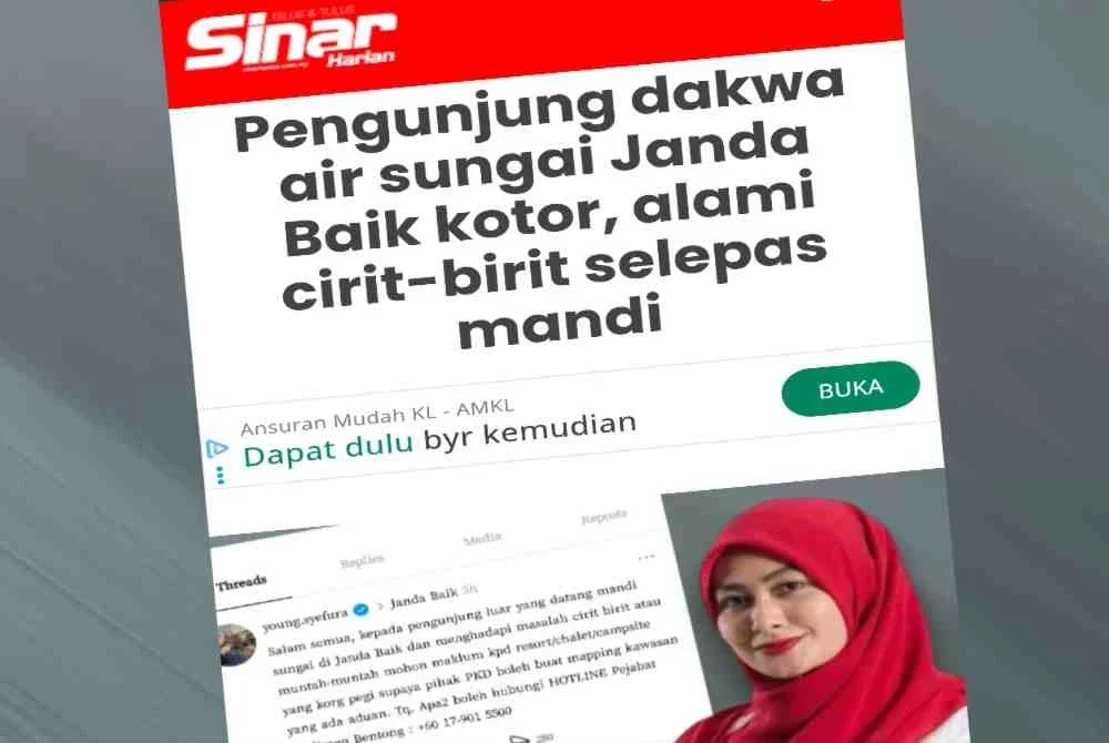 Laporan Sinar Harian mengenai dakwaan pengunjung alami cirit-birit, deman selepas mandi di Sungai Janda Baik, Bentong.